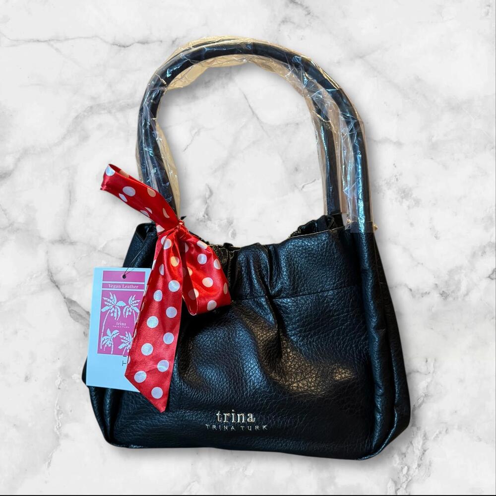 Trina Turk Black Leather Handbag with Red Polka Dot Bow